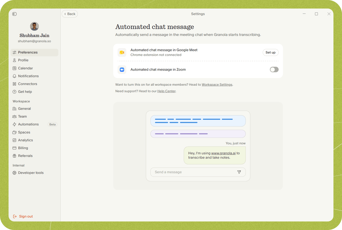 The "Automated chat message" preferences page with a toggle switch for Automated chat message in Zoom.