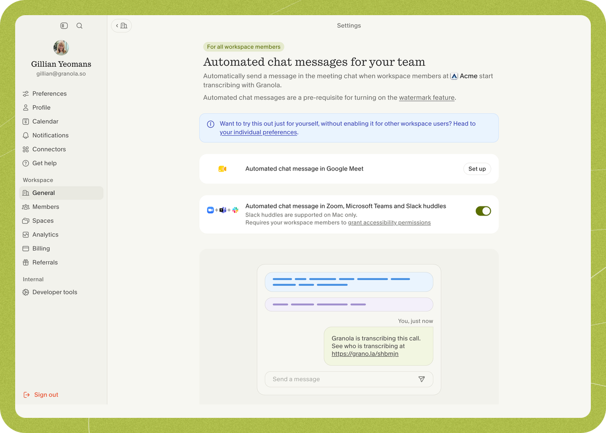 The workspace "Automated chat messages for your team" settings page with the automated chat message enabled.