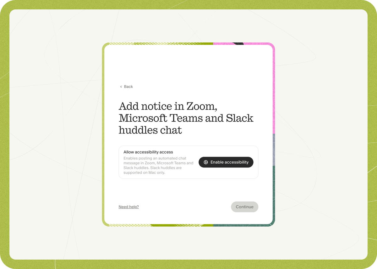 The "Add notice in Zoom, Microsoft Teams and Slack huddles chat" setup window with the Enable accessibility button.