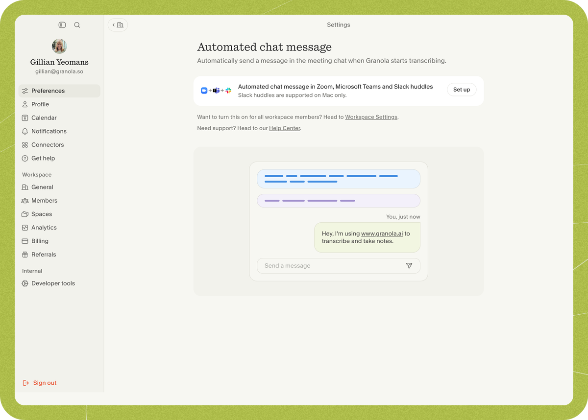 The "Automated chat message" preferences page with the Zoom, Microsoft Teams and Slack huddles option.