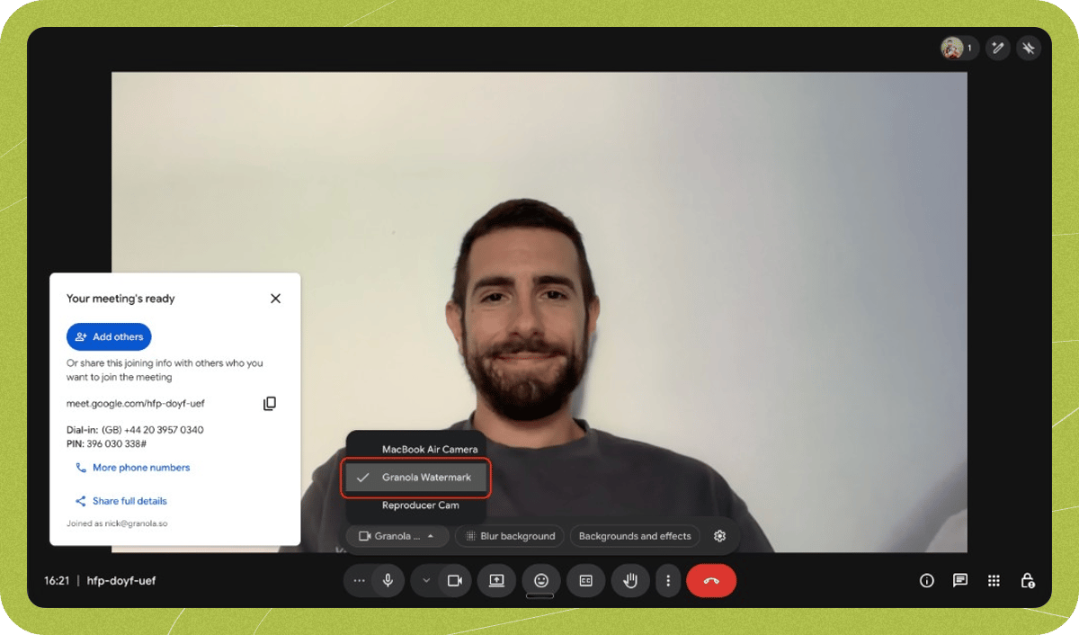 Google Meet's camera picker with "Granola Watermark" highlighted.