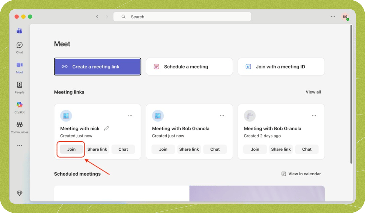 Microsoft Teams Meet view with the "Join" button on the newly-created meeting card highlighted.