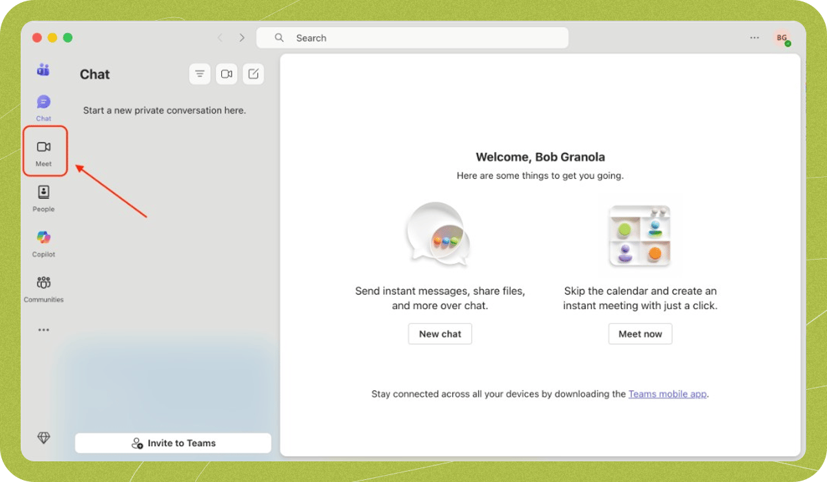 Microsoft Teams sidebar with the "Meet" tab highlighted.
