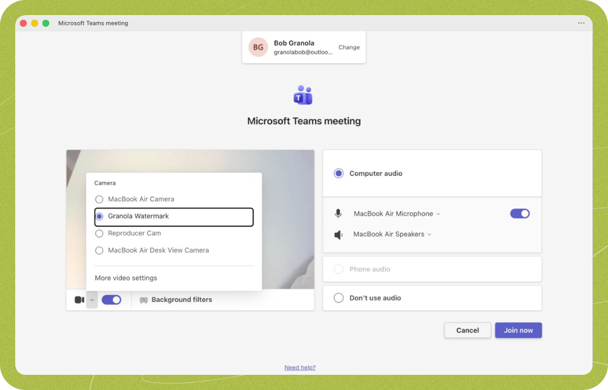 Microsoft Teams pre-join screen with "Granola Watermark" highlighted in the camera picker.