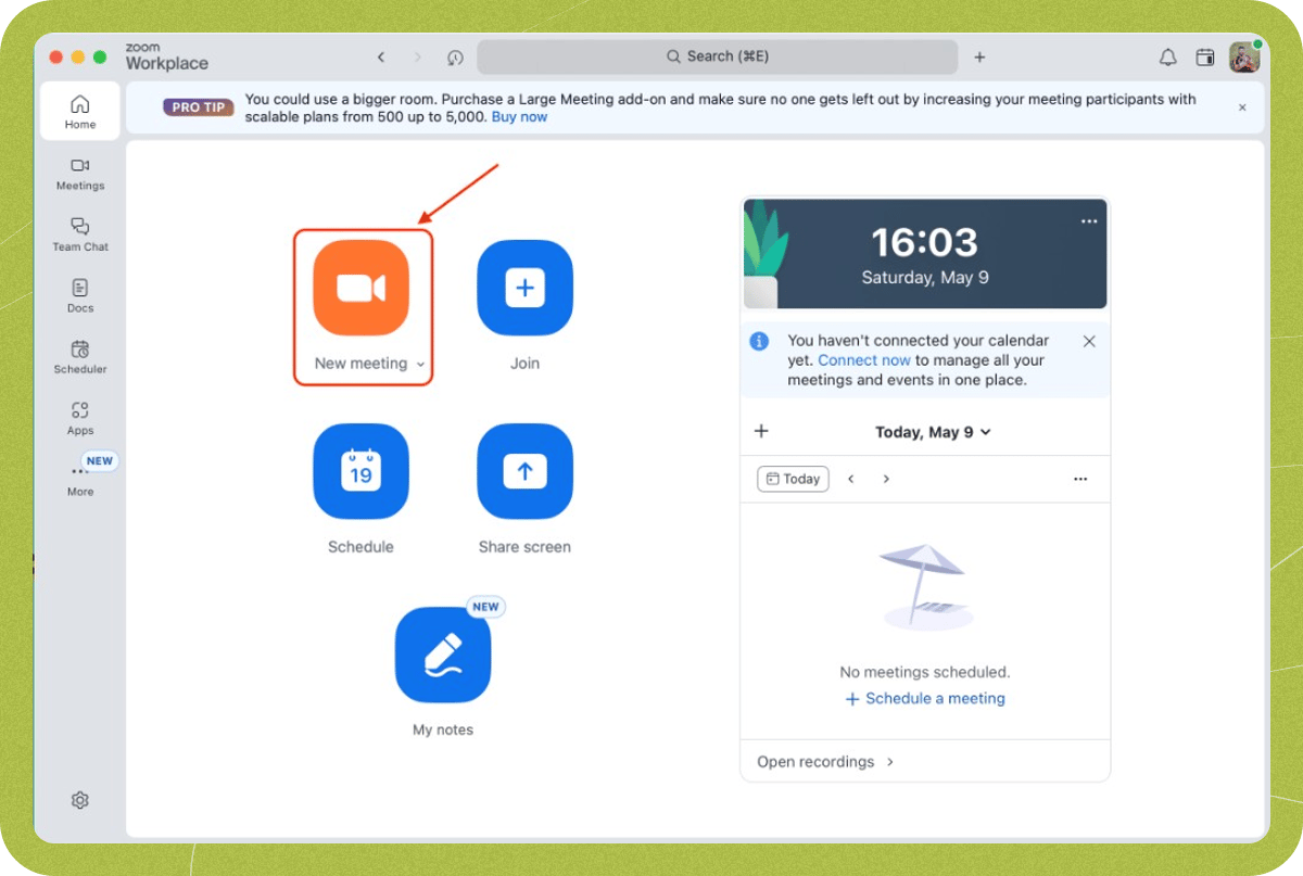 The Zoom Workplace home screen with the "New meeting" button highlighted.