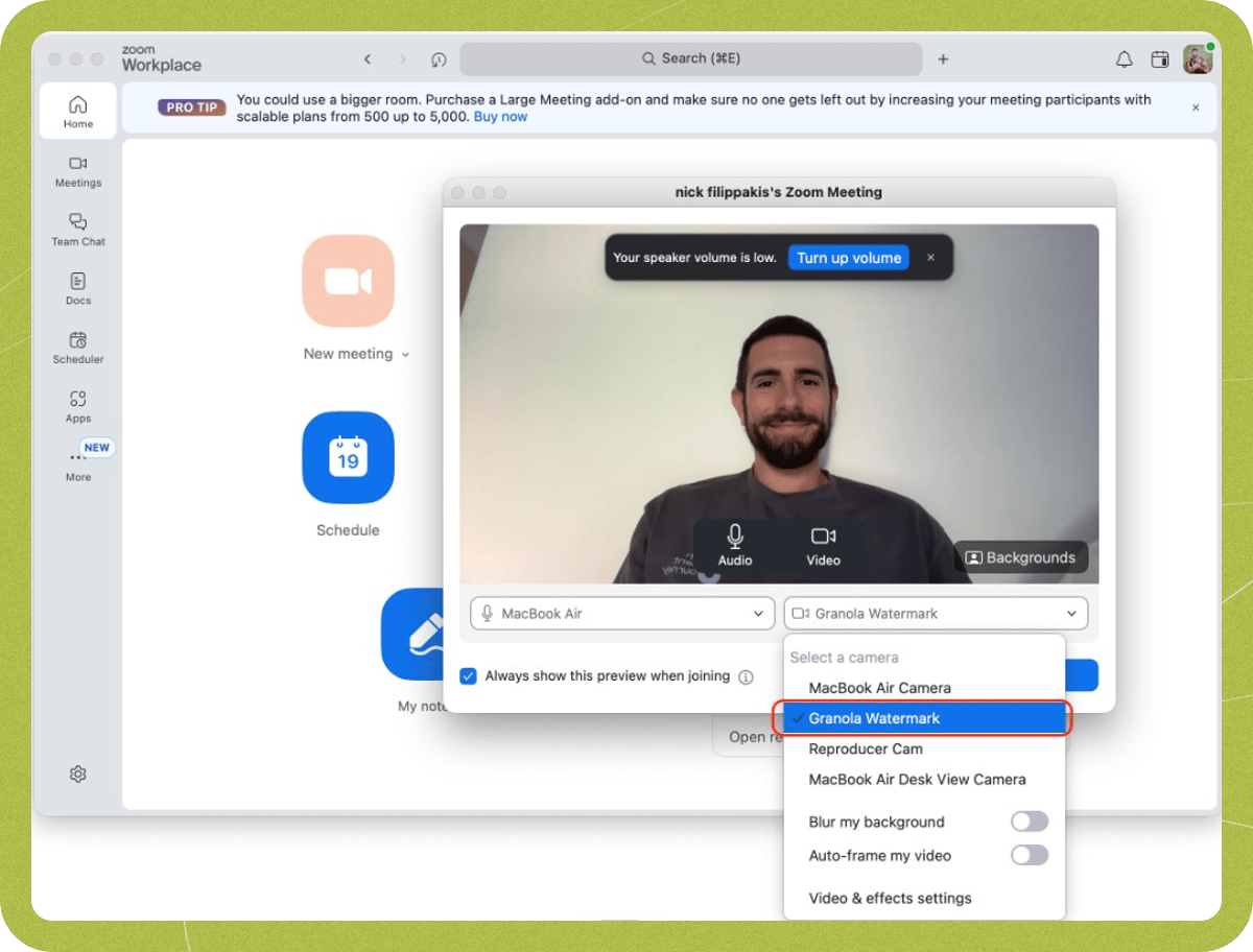 Zoom's camera picker with "Granola Watermark" highlighted in the dropdown.