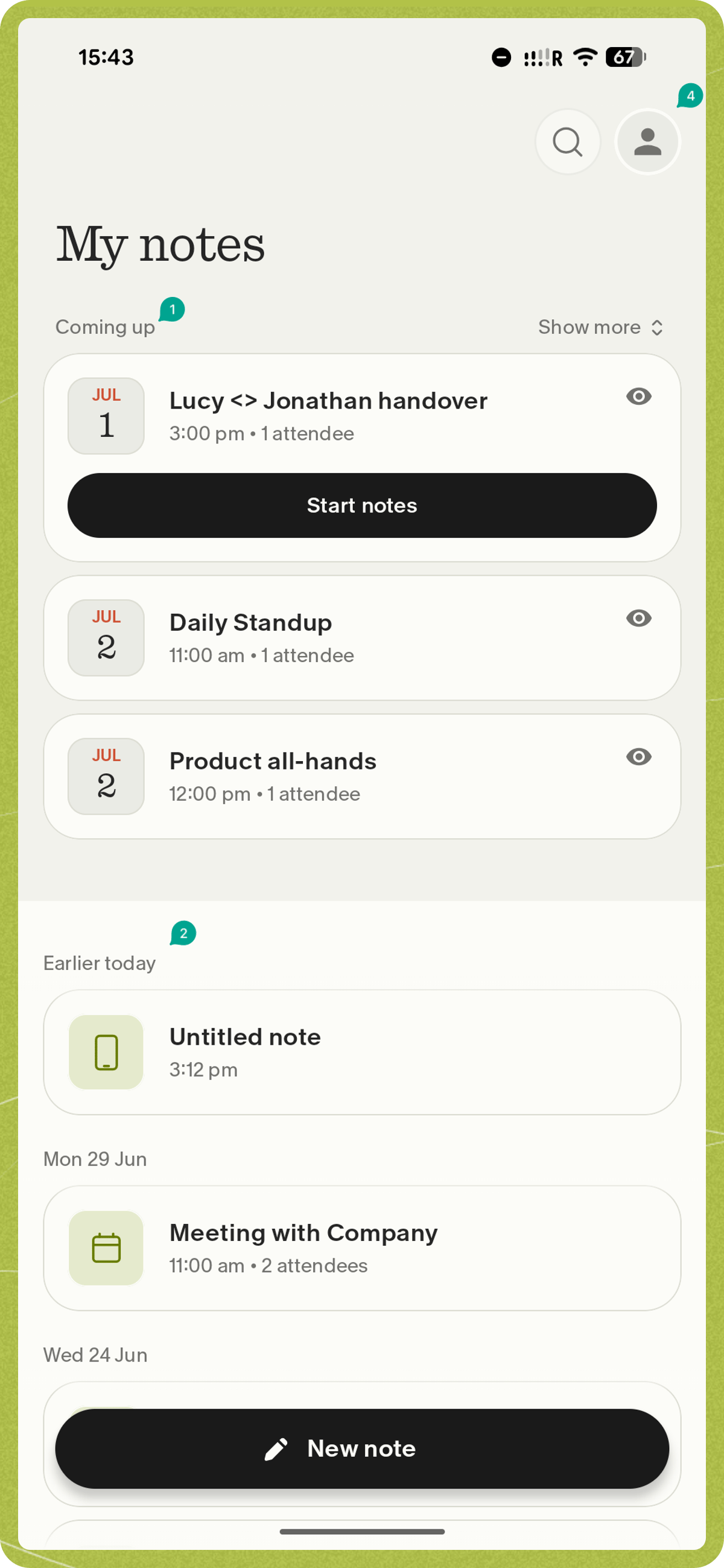 Granola home screen on Android