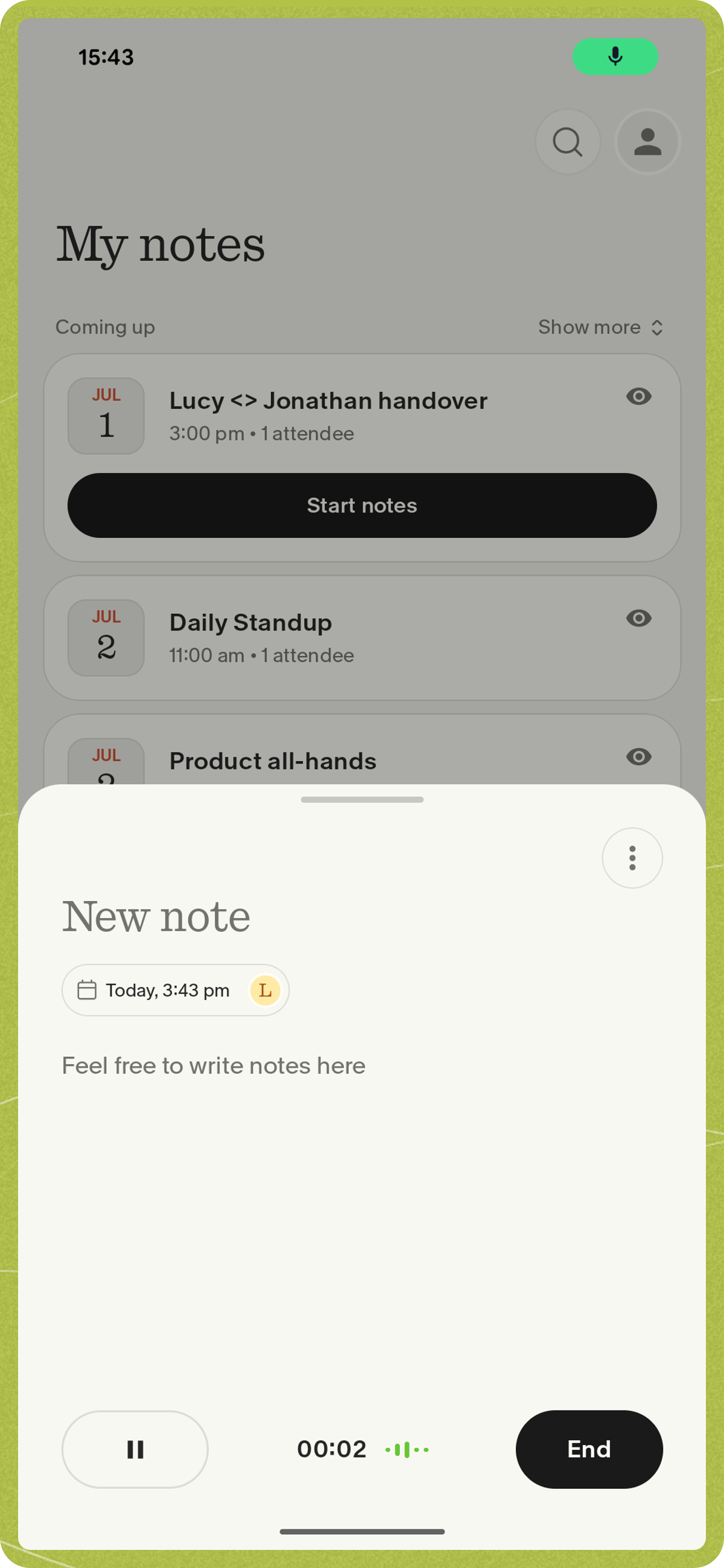 The note editor while recording on Android