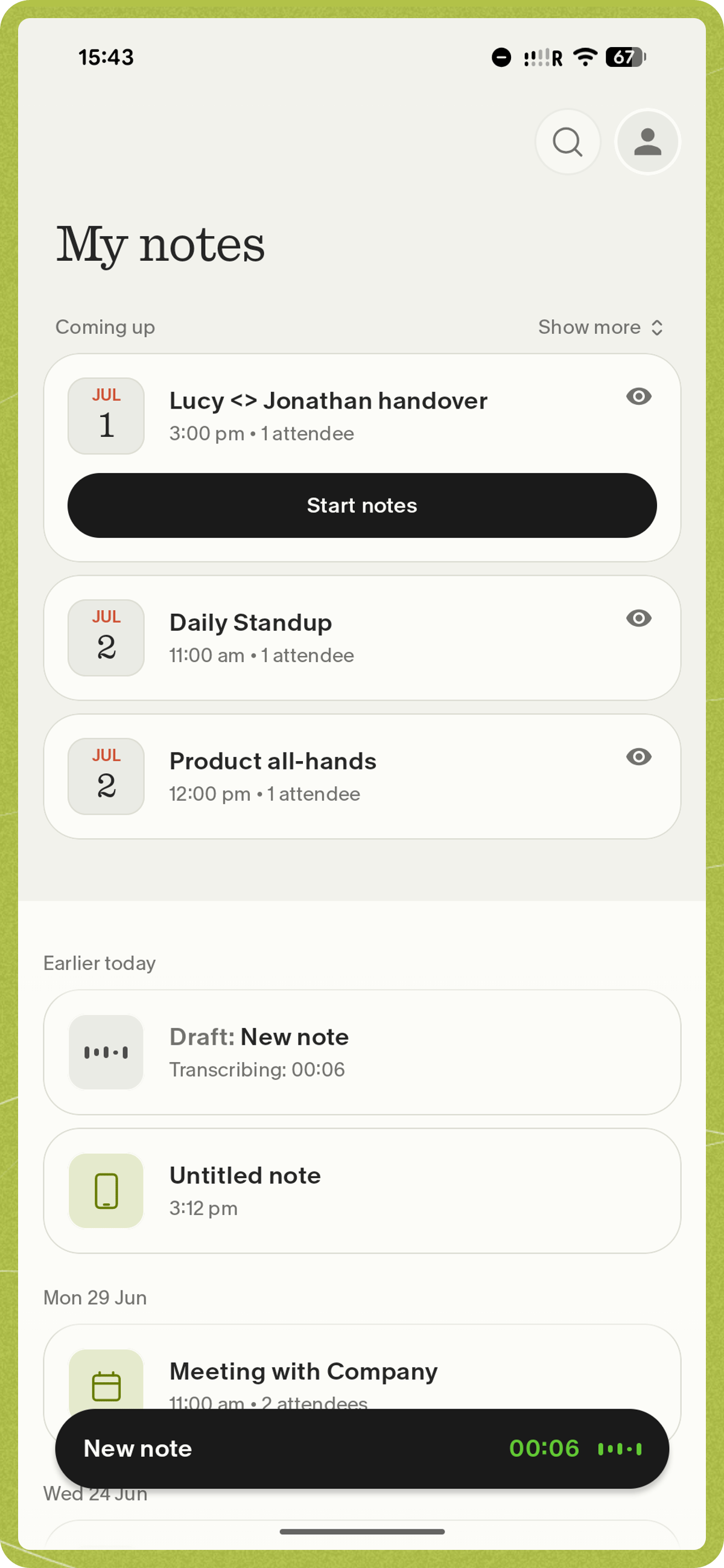 Active recording on the Android home screen