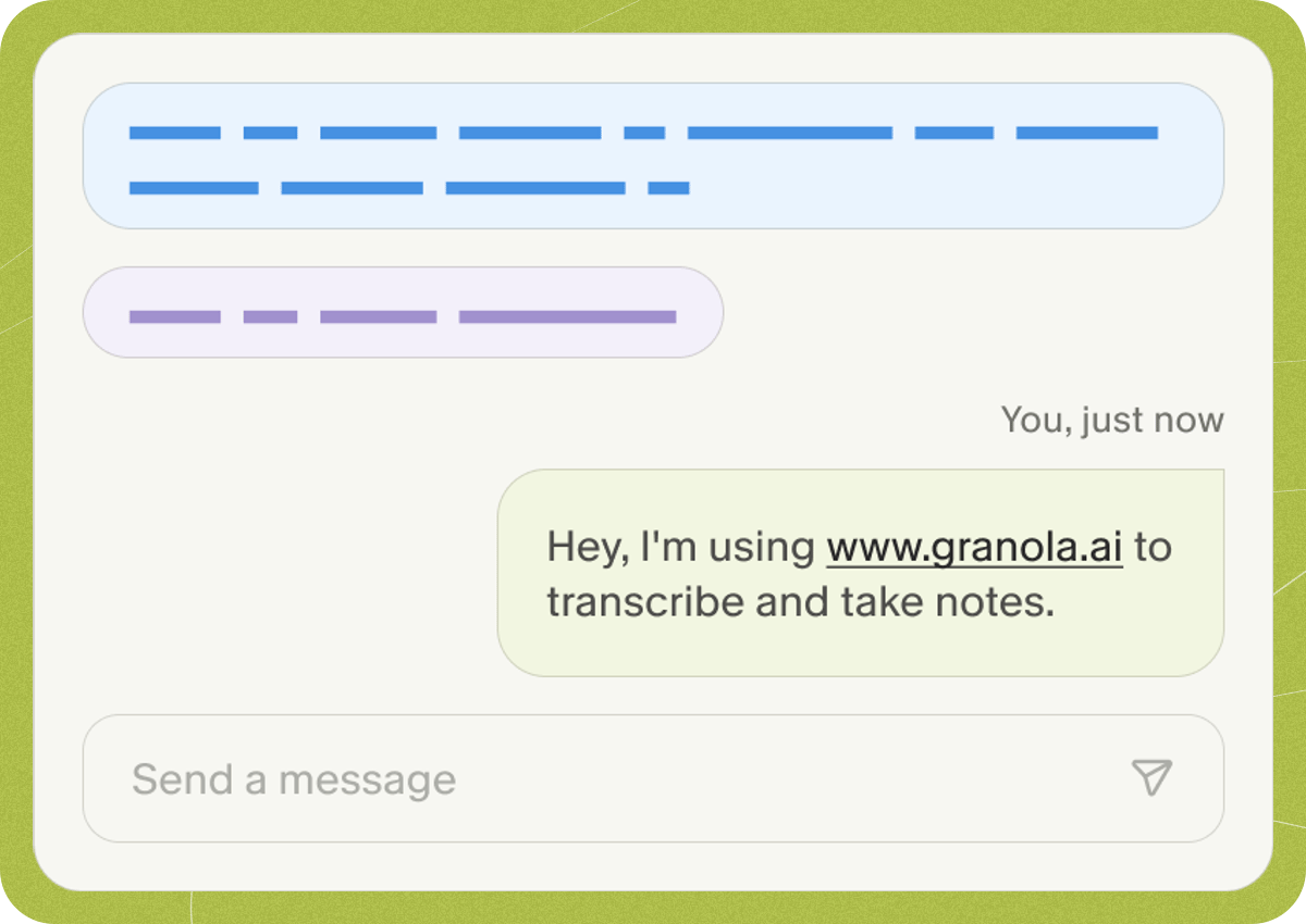 A pinned consent message in Google Meet chat reading "Hey, I'm using www.granola.ai to transcribe and take notes."
