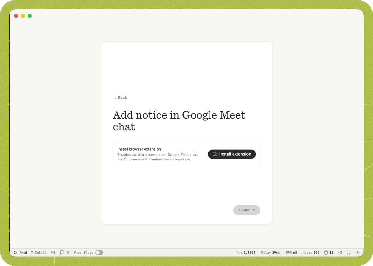 The "Add notice in Google Meet chat" setup window with the Install extension button.