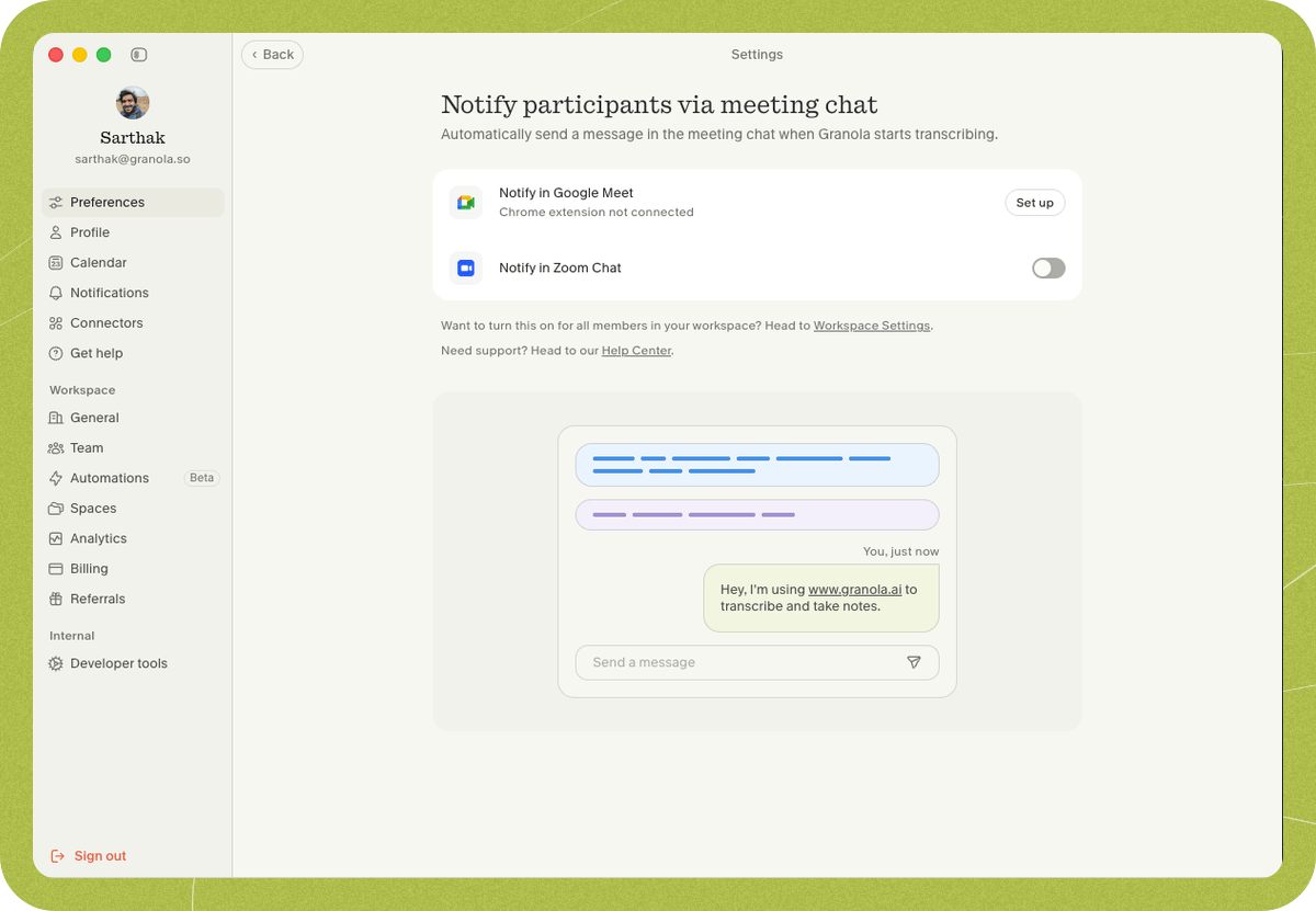 The "Notify participants via meeting chat" preferences page with Notify in Google Meet.