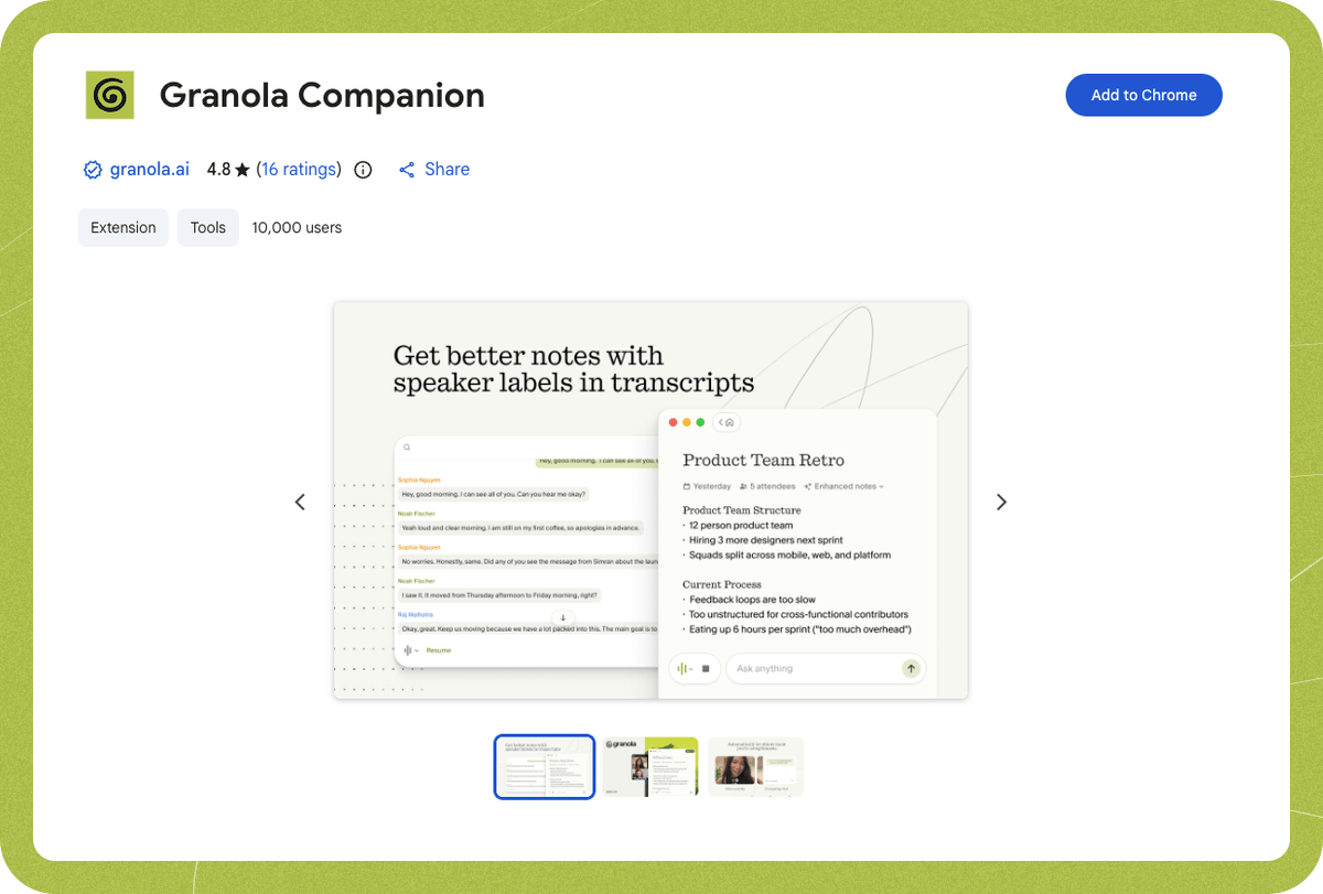 The Granola extension on the Chrome Web Store with the Add to Chrome button.