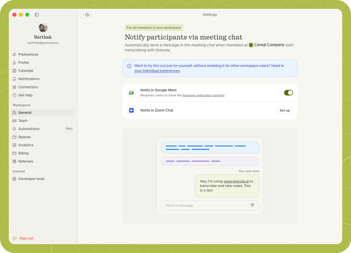 The workspace "Notify participants via meeting chat" settings page with Notify in Google Meet enabled.
