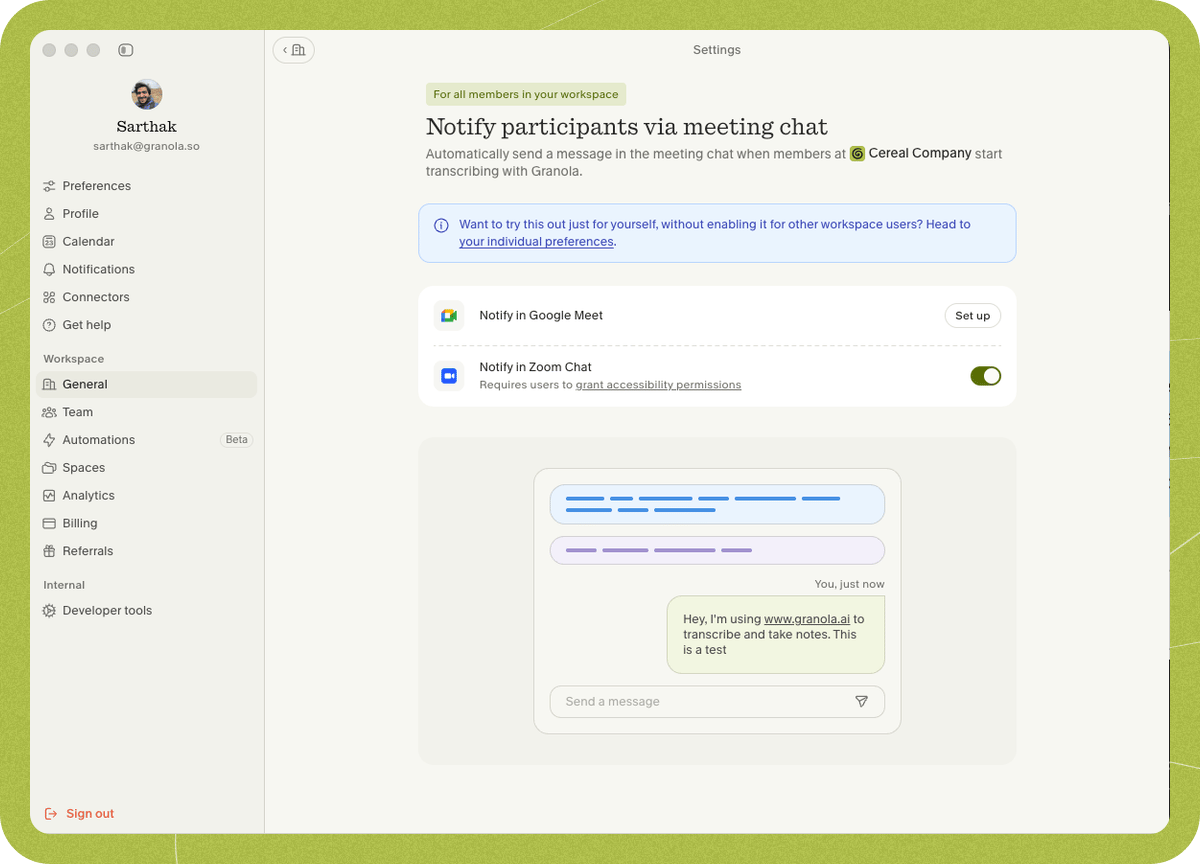 The workspace "Notify participants via meeting chat" settings page with Notify in Zoom Chat enabled.