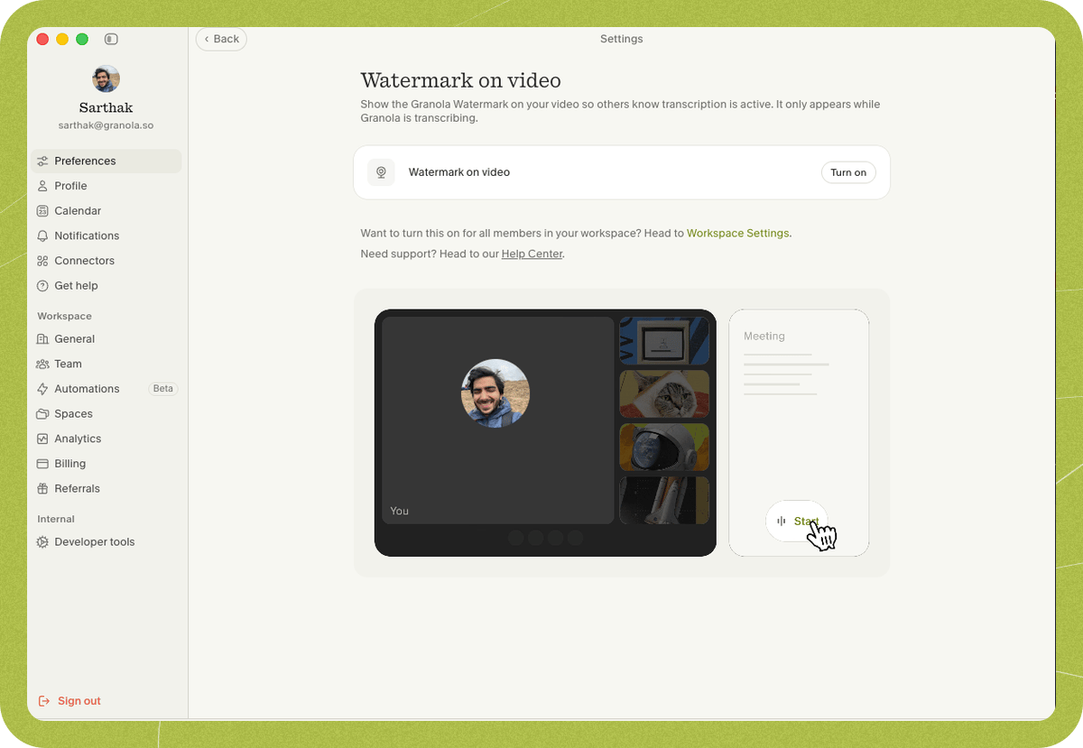 The "Watermark on video" preferences page.