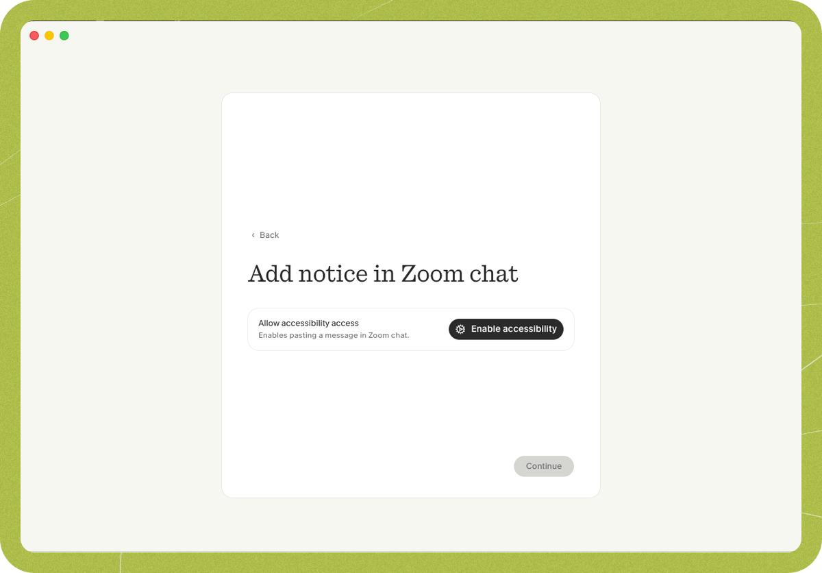 The "Add notice in Zoom chat" setup window with the Enable accessibility button.
