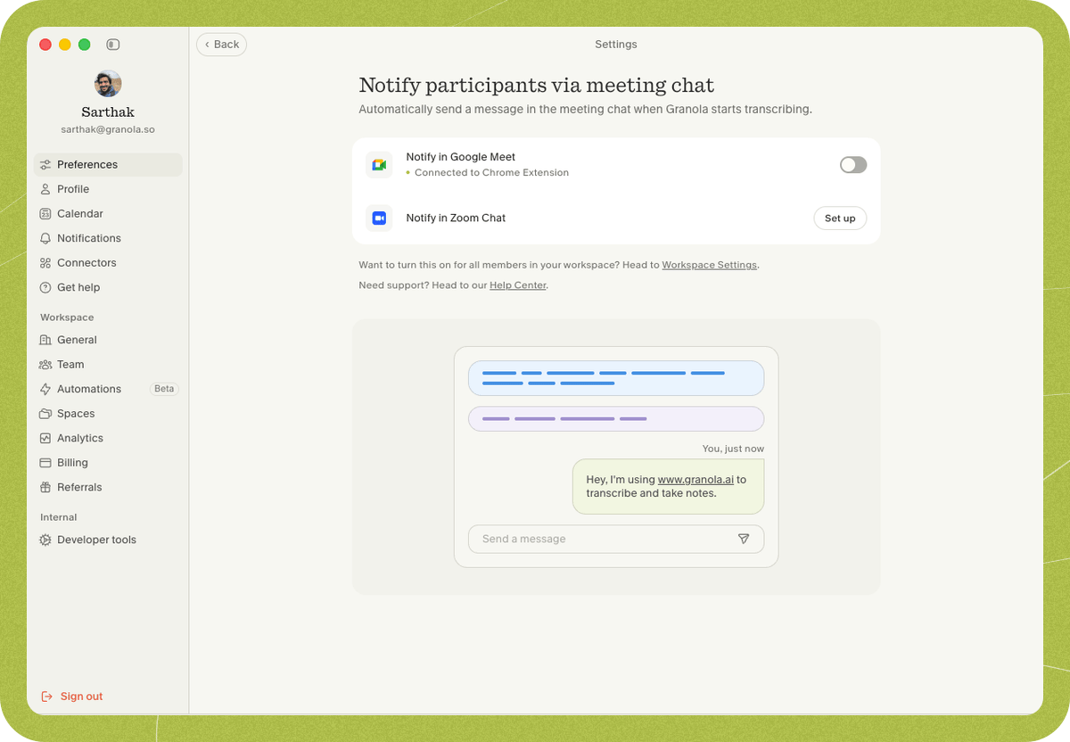 The "Notify participants via meeting chat" preferences page with Set up next to Notify in Zoom Chat.