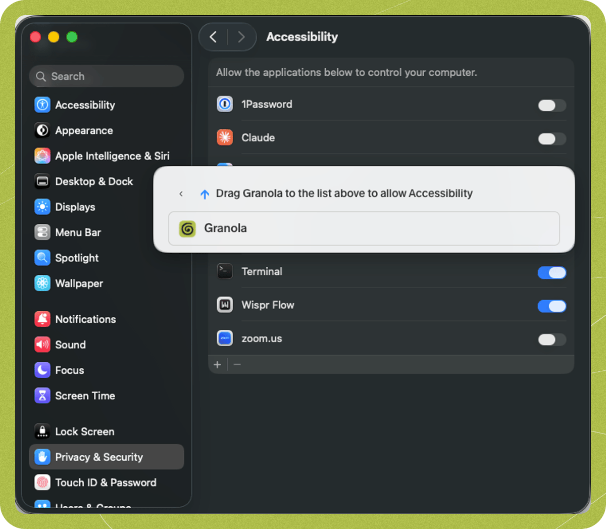 macOS System Settings Accessibility pane with Granola being added.