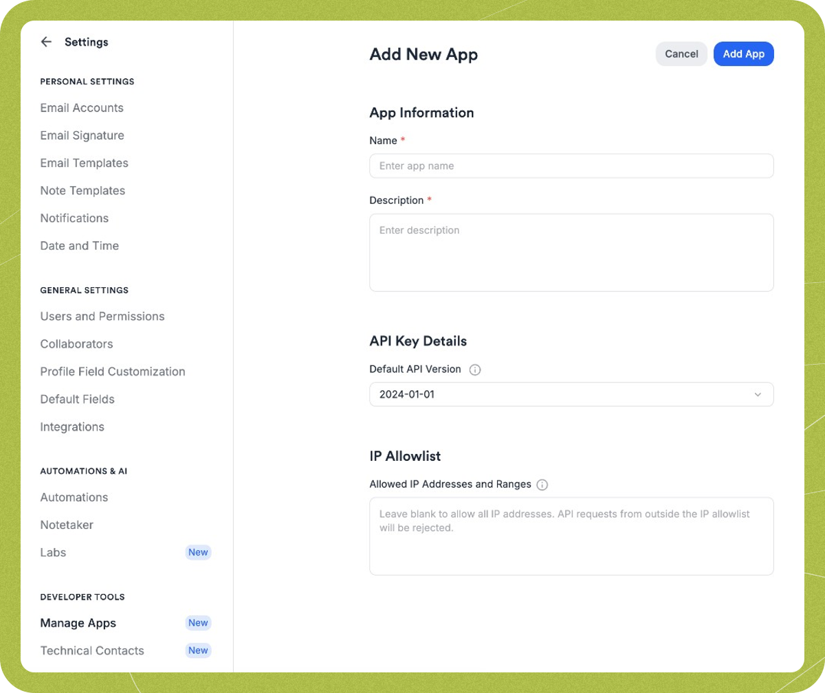Affinity Add New App form