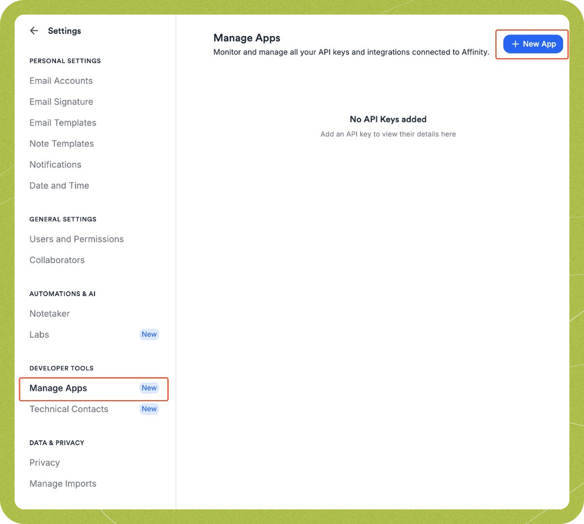 Affinity Manage Apps page