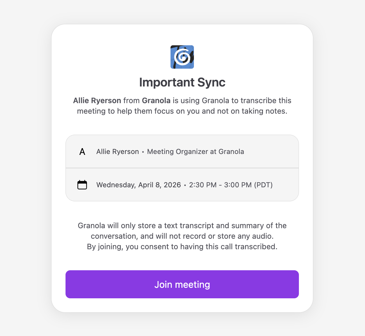 An example confirmation page, showing "Test meeting" with some meeting details and a "Join meeting" link.