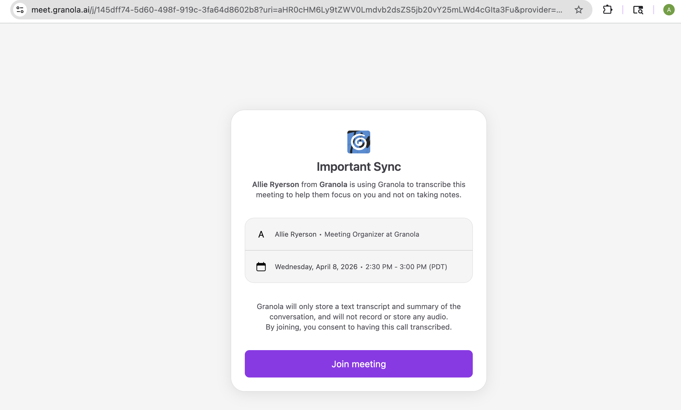 An example confirmation page, showing "Test meeting" with some meeting details and a "Join meeting" link.