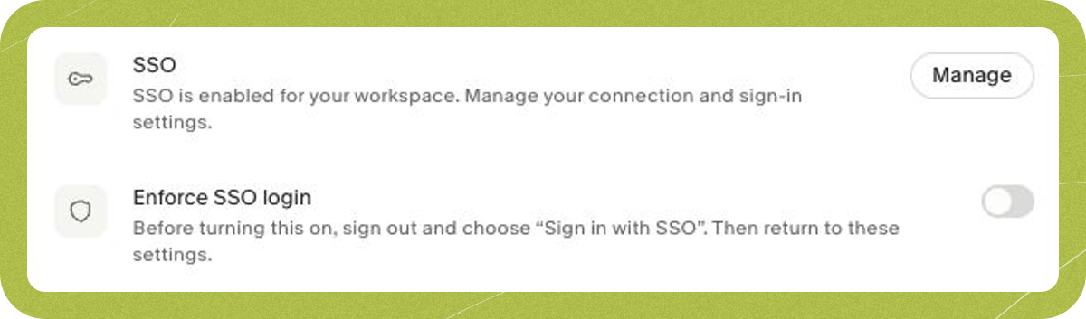 SSO settings in Granola, showing the connection controls