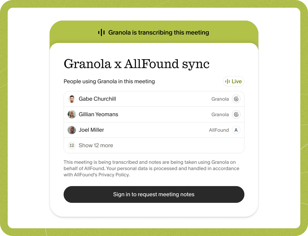 The live page opened by the link, listing the people currently using Granola in the meeting.
