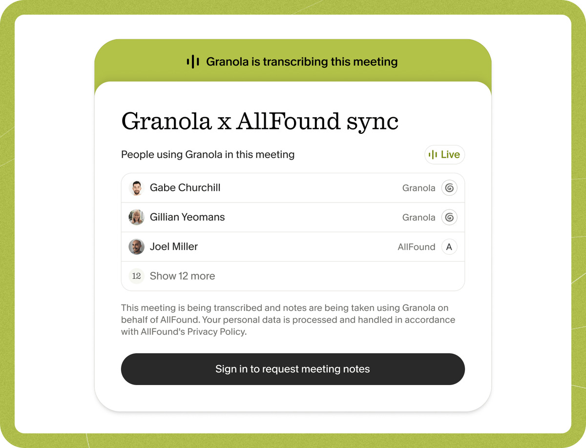The live page opened by the link, listing the people currently using Granola in the meeting.