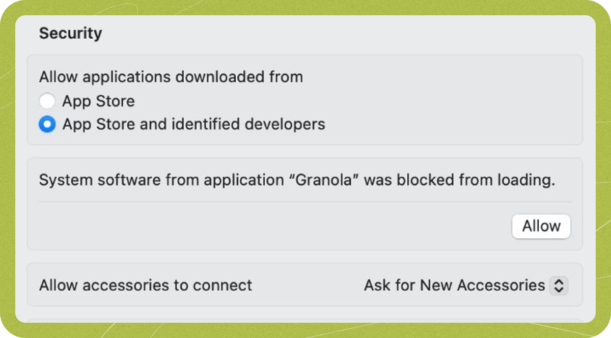 Mac System Settings showing the Security section with a Granola system software approval prompt.
