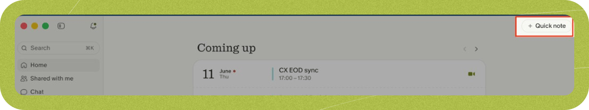 Quick note button at the top right of the Granola desktop app