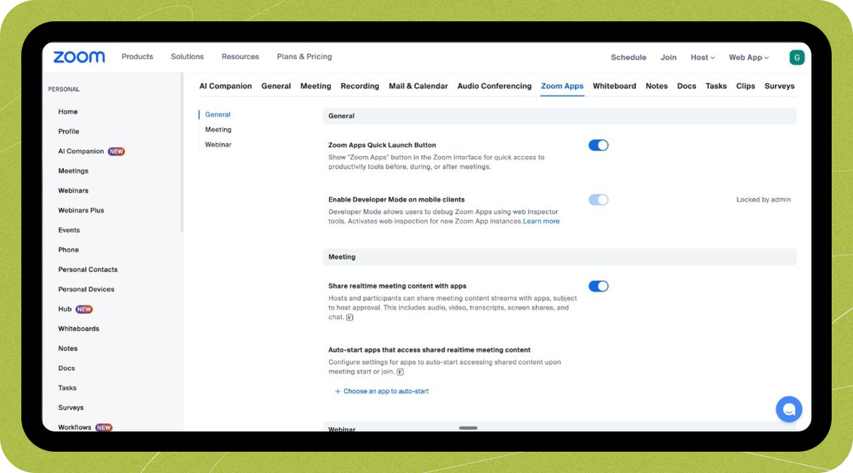 Allow apps to access meeting content from your Zoom settings