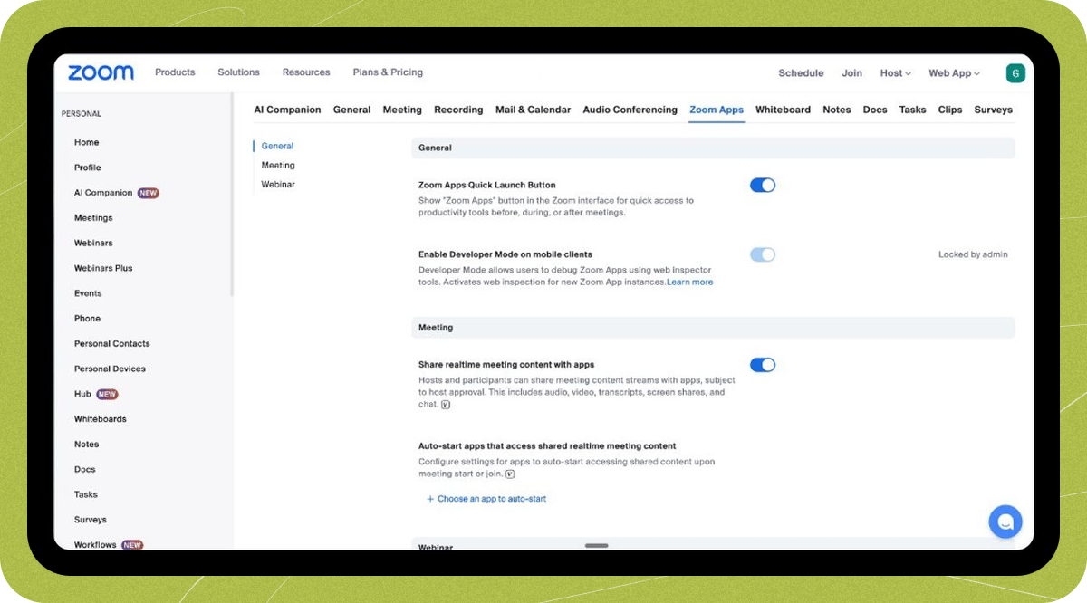 Allow apps to access meeting content from your Zoom settings