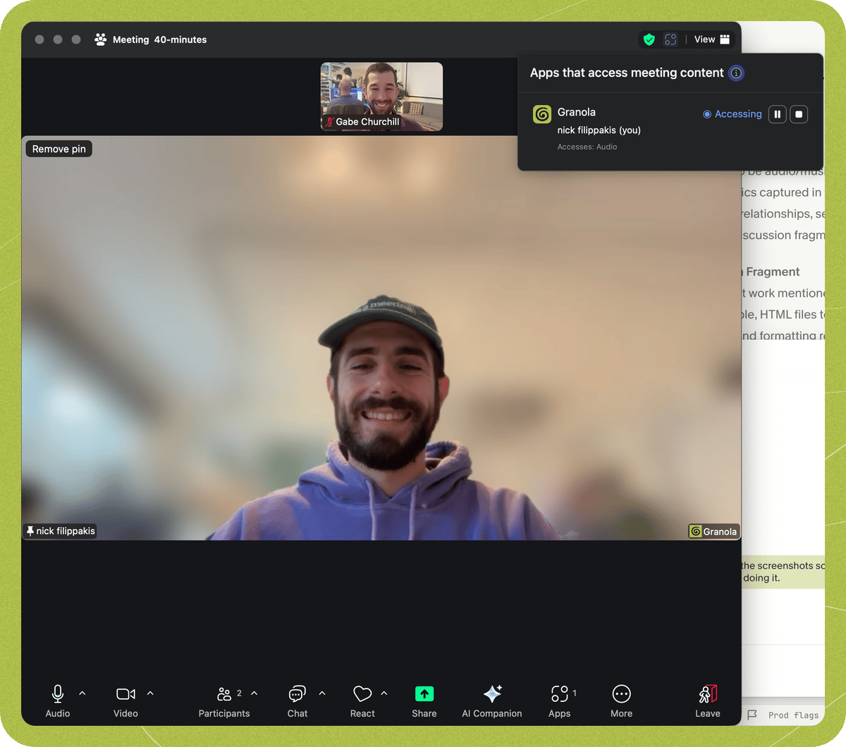 Granola app accessing meeting content