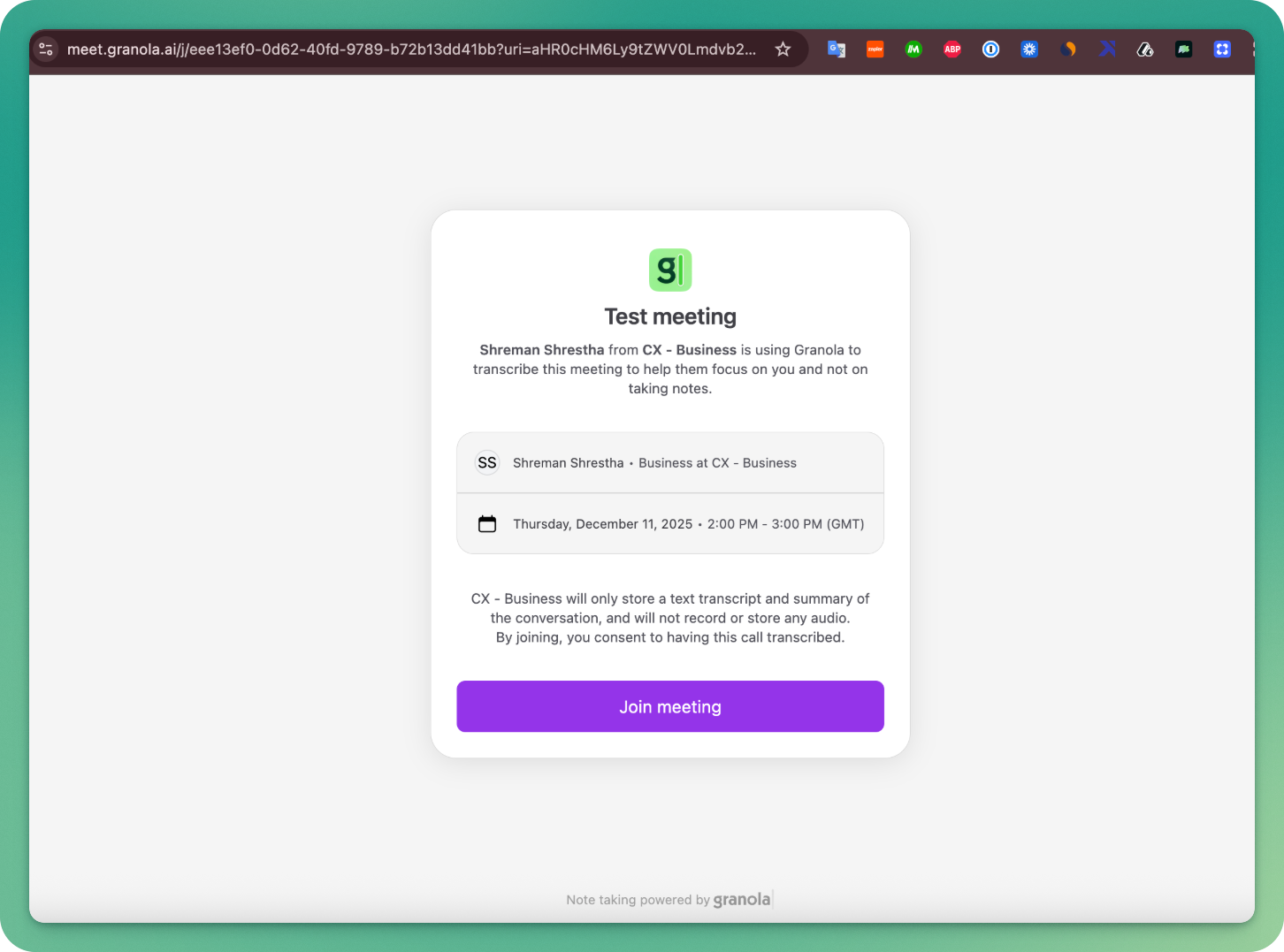 An example confirmation page, showing "Test meeting" with some meeting details and a "Join meeting" link.