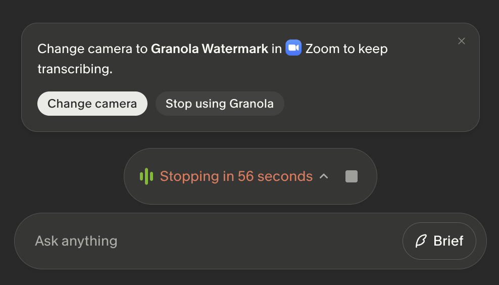 Meeting view reminder to change your camera to Granola Watermark, with a countdown until transcription stops.