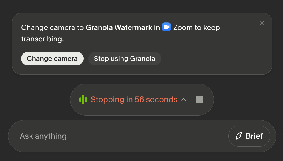 Meeting view reminder to change your camera to Granola Watermark, with a countdown until transcription stops.