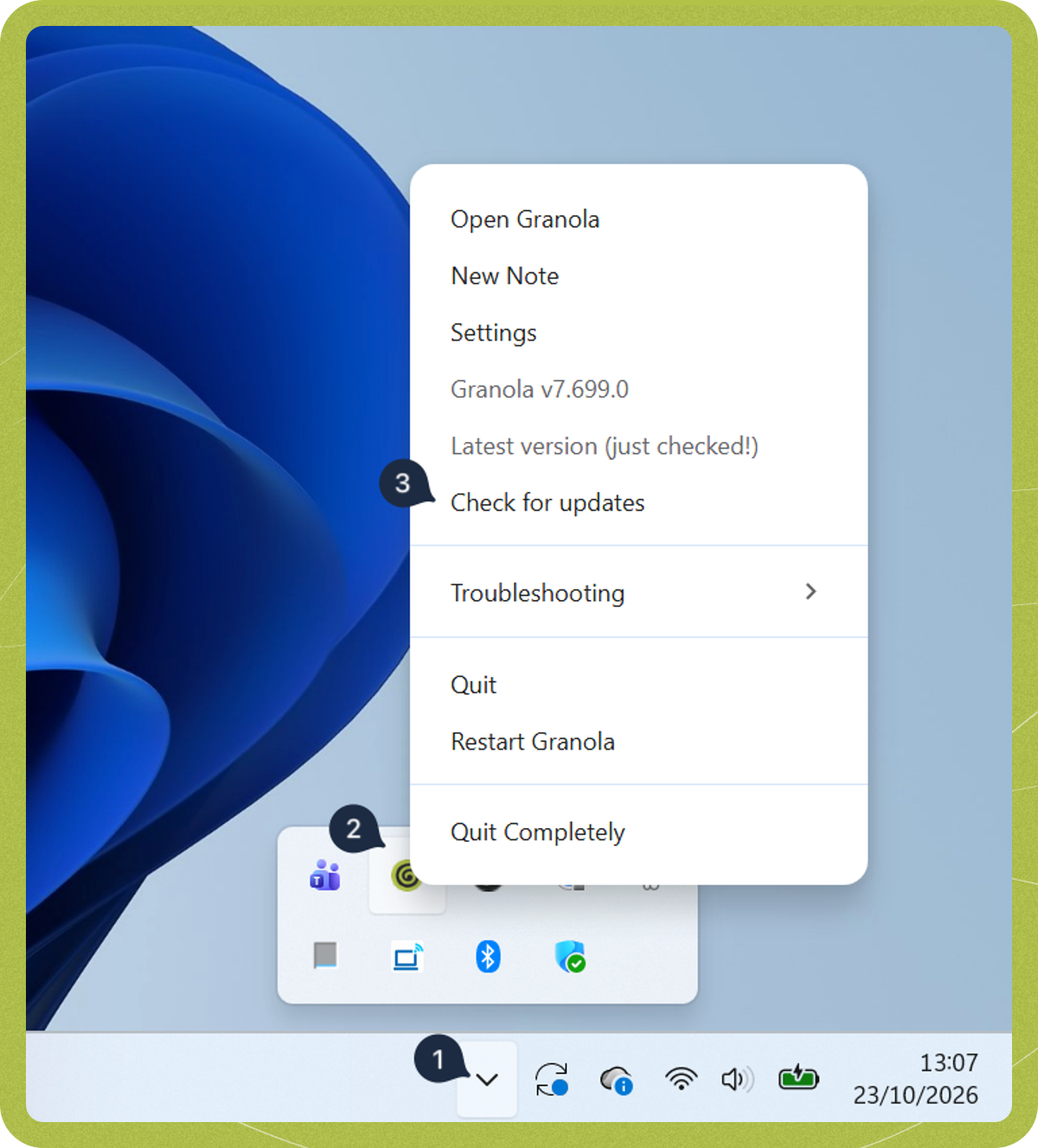The Granola menu in the Windows system tray, showing Granola's version, Latest version (just checked!) and Check for updates