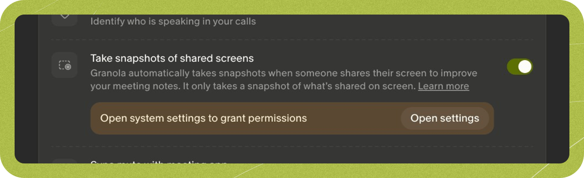 Take snapshots of shared screens turned on in Settings > Preferences. A banner says Open system settings to grant permissions, with an Open settings button.