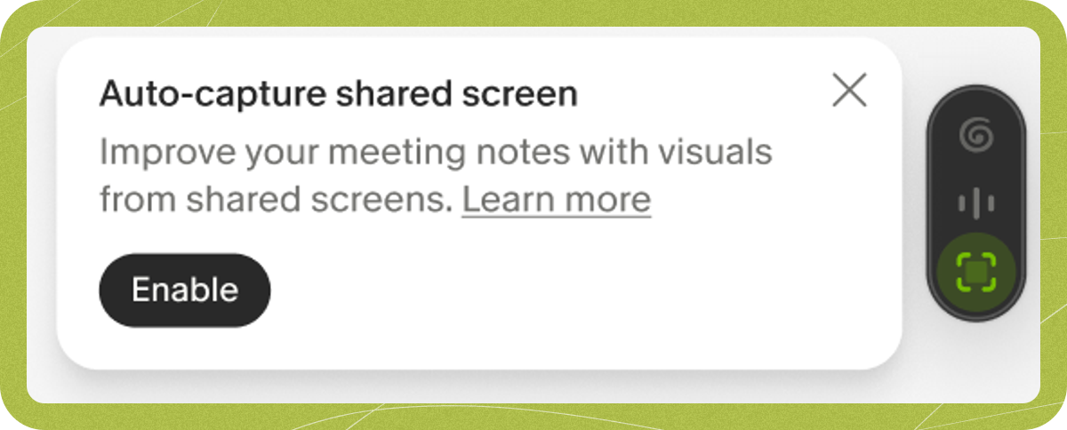 The in-meeting offer beside the live meeting indicator. It reads Auto-capture shared screen, with Enable and a Learn more link.