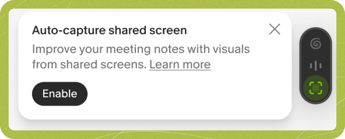 The in-meeting offer beside the live meeting indicator. It reads Auto-capture shared screen, with Enable and a Learn more link.