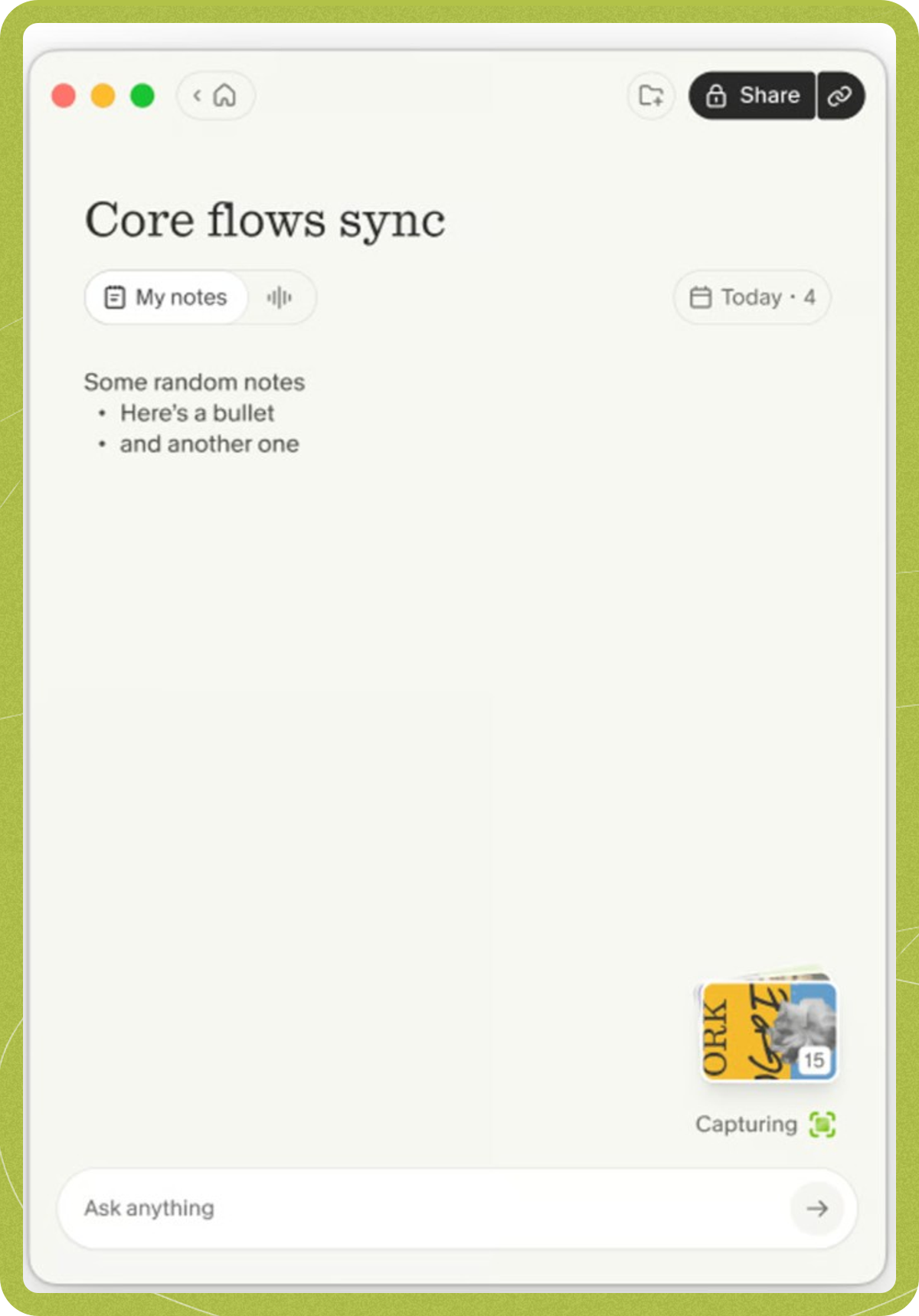 The Images stack above the chat at the bottom of a meeting note, with a snapshot count and a Capturing status.