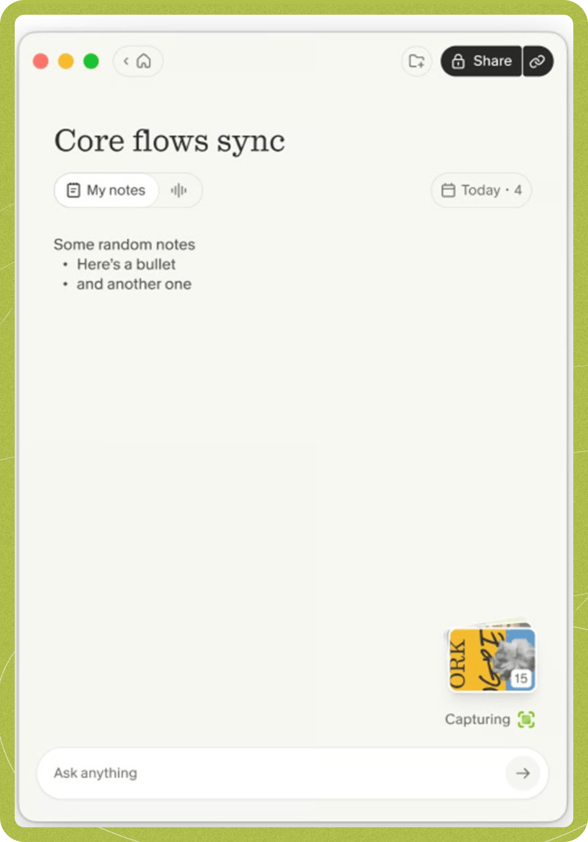 The Images stack above the chat at the bottom of a meeting note, with a snapshot count and a Capturing status.