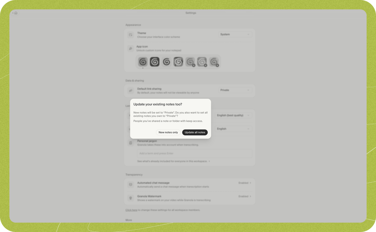 Dialog asking whether to update existing notes to Private