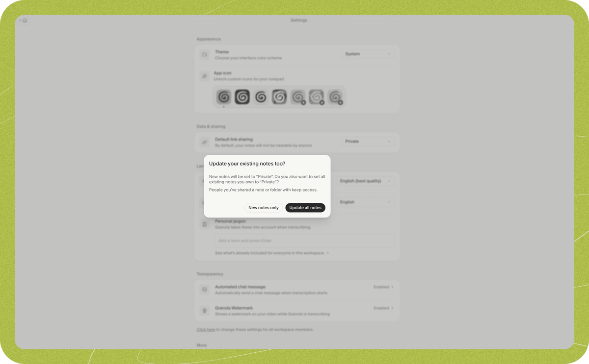 Dialog asking whether to update existing notes to Private