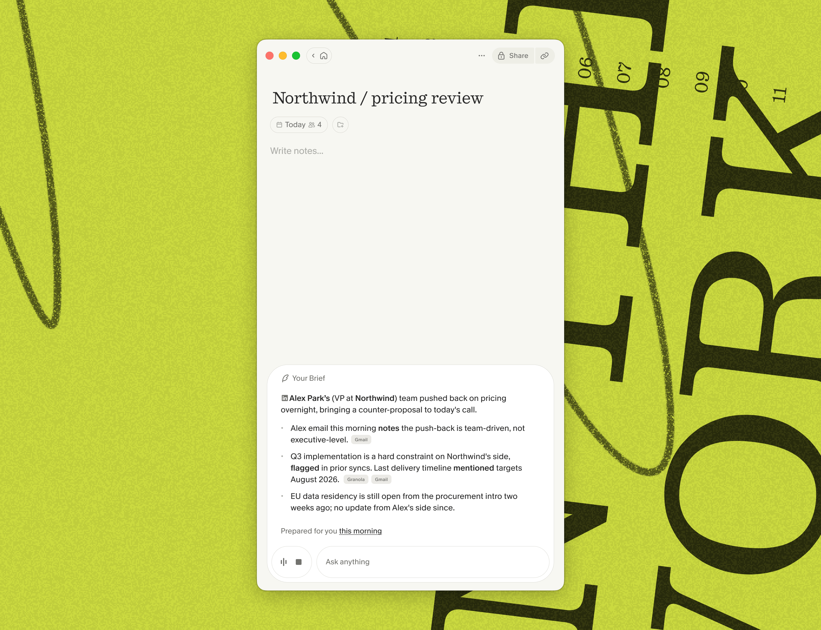 A meeting note titled "Northwind / pricing review" with a pre-meeting brief in the floating chat panel, showing three bullet points with Gmail and Granola citations.