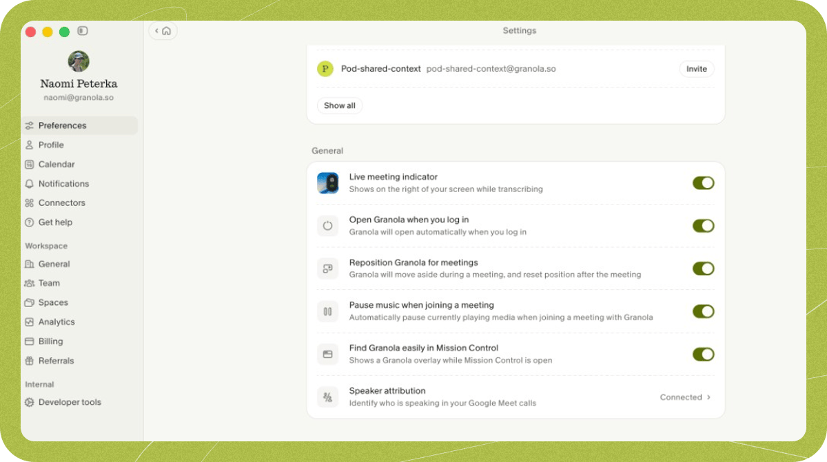 The Speaker attribution entry at the bottom of the General section in Settings > Preferences