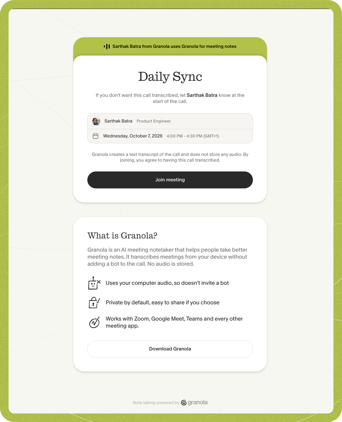 The full Heads Up page for Daily Sync, with meeting details, a Join meeting button, and the What is Granola section below.
