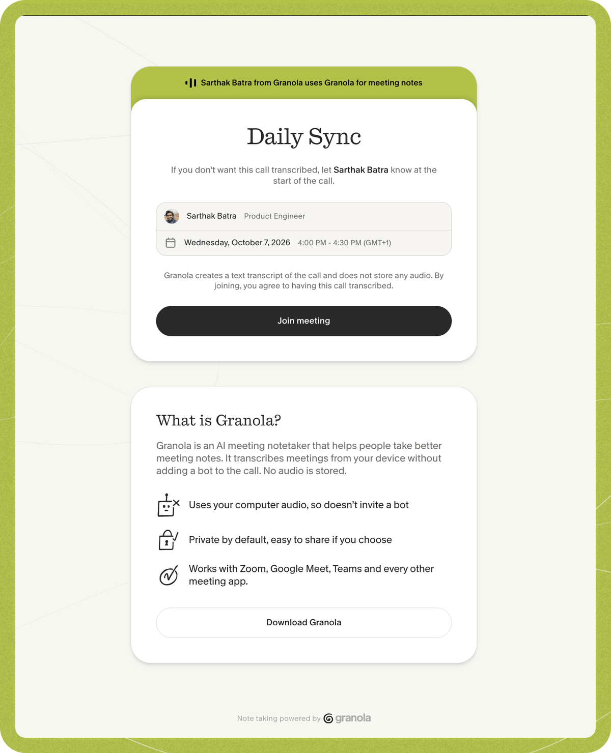 The full Heads Up page for Daily Sync, with meeting details, a Join meeting button, and the What is Granola section below.